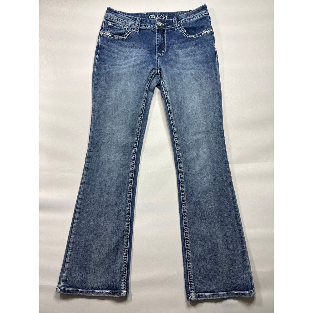 Grace in L.A. Women's Embellished Pocket Bootcut Blue Denim Jeans - 9-29 (29x30)